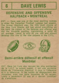 1968 O-Pee-Chee CFL #6 Dave Lewis Back