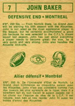 1968 O-Pee-Chee CFL #7 John Baker Back