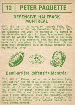 1968 O-Pee-Chee CFL #12 Peter Paquette Back