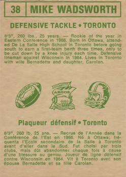 1968 O-Pee-Chee CFL #38 Mike Wadsworth Back