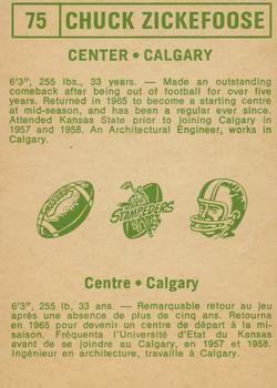 1968 O-Pee-Chee CFL #75 Chuck Zickefoose Back