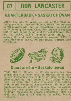 1968 O-Pee-Chee CFL #87 Ron Lancaster Back