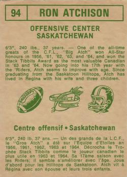 1968 O-Pee-Chee CFL #94 Ron Atchison Back