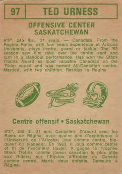 1968 O-Pee-Chee CFL #97 Ted Urness Back