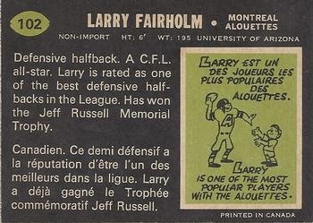 1970 O-Pee-Chee CFL #102 Larry Fairholm Back