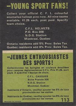 1970 O-Pee-Chee CFL #113 Lineman of the Year Back