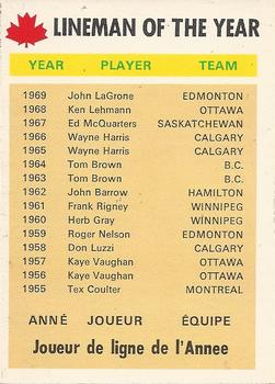 1970 O-Pee-Chee CFL #113 Lineman of the Year Front