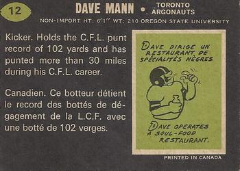 1970 O-Pee-Chee CFL #12 Dave Mann Back