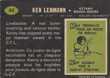 1970 O-Pee-Chee CFL #44 Ken Lehmann Back