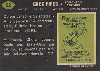 1970 O-Pee-Chee CFL #52 Greg Pipes Back
