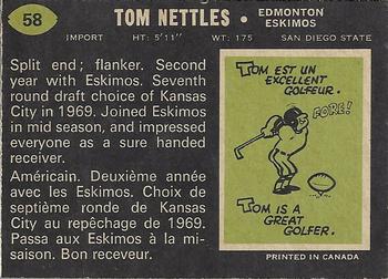 1970 O-Pee-Chee CFL #58 Tom Nettles Back