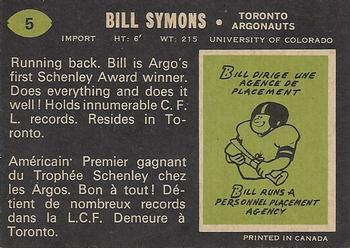 1970 O-Pee-Chee CFL #5 Bill Symons Back