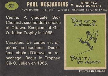 1970 O-Pee-Chee CFL #62 Paul Desjardins Back