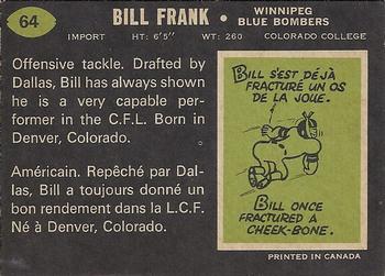 1970 O-Pee-Chee CFL #64 Bill Frank Back