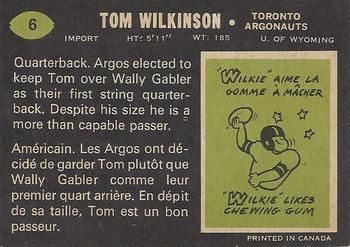 1970 O-Pee-Chee CFL #6 Tom Wilkinson Back