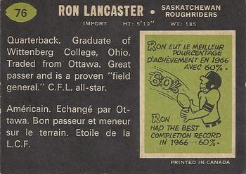 1970 O-Pee-Chee CFL #76 Ron Lancaster Back