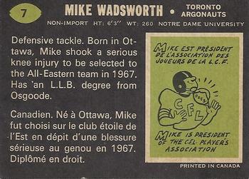 1970 O-Pee-Chee CFL #7 Mike Wadsworth Back