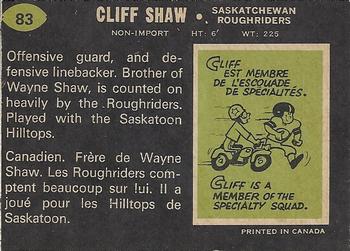 1970 O-Pee-Chee CFL #83 Cliff Shaw Back