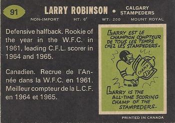 1970 O-Pee-Chee CFL #91 Larry Robinson Back