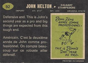 1970 O-Pee-Chee CFL #92 John Helton Back
