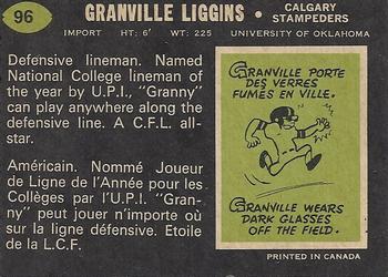 1970 O-Pee-Chee CFL #96 Granville Liggins Back