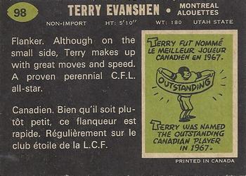 1970 O-Pee-Chee CFL #98 Terry Evanshen Back