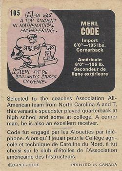1971 O-Pee-Chee CFL #105 Merl Code Back