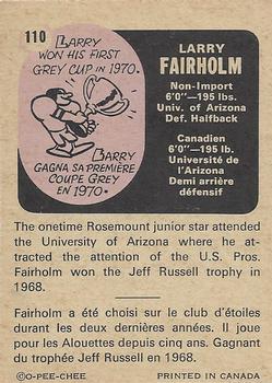 1971 O-Pee-Chee CFL #110 Larry Fairholm Back
