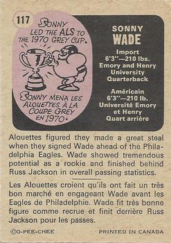 1971 O-Pee-Chee CFL #117 Sonny Wade Back