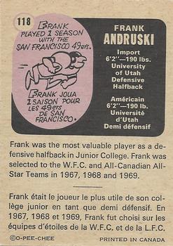 1971 O-Pee-Chee CFL #118 Frank Andruski Back