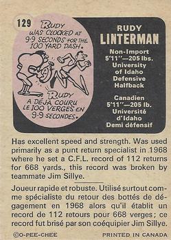 1971 O-Pee-Chee CFL #129 Rudy Linterman Back