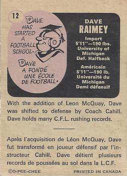 1971 O-Pee-Chee CFL #12 Dave Raimey Back