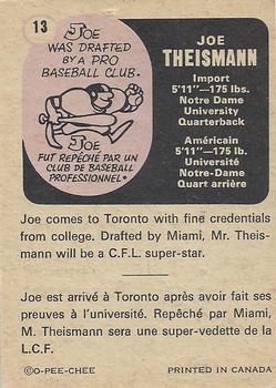 1971 O-Pee-Chee CFL #13 Joe Theismann Back