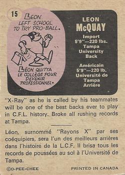 1971 O-Pee-Chee CFL #15 Leon McQuay Back