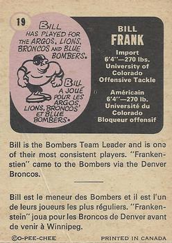 1971 O-Pee-Chee CFL #19 Bill Frank Back