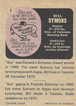 1971 O-Pee-Chee CFL #1 Bill Symons Back