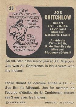 1971 O-Pee-Chee CFL #20 Joe Critchlow Back