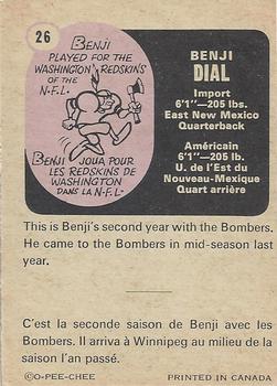 1971 O-Pee-Chee CFL #26 Benji Dial Back