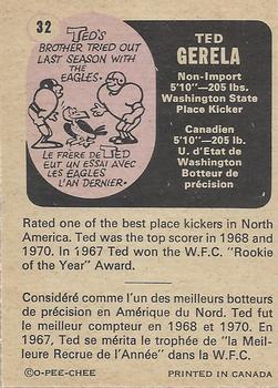 1971 O-Pee-Chee CFL #32 Ted Gerela Back