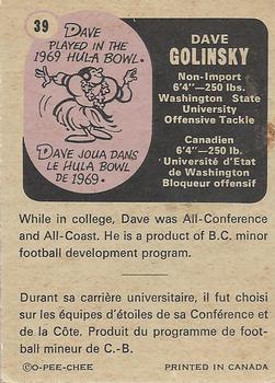 1971 O-Pee-Chee CFL #39 Dave Golinsky Back