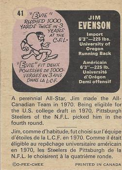1971 O-Pee-Chee CFL #41 Jim Evenson Back