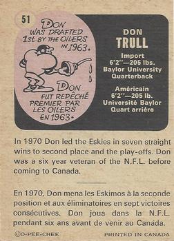 1971 O-Pee-Chee CFL #51 Don Trull Back