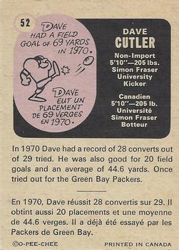 1971 O-Pee-Chee CFL #52 Dave Cutler Back