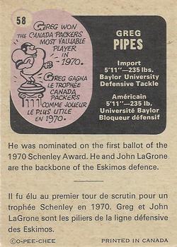 1971 O-Pee-Chee CFL #58 Greg Pipes Back