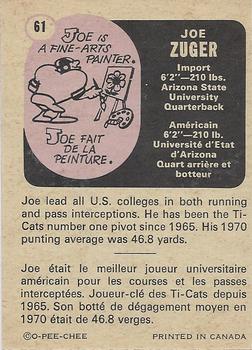 1971 O-Pee-Chee CFL #61 Joe Zuger Back
