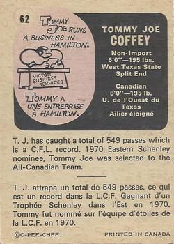 1971 O-Pee-Chee CFL #62 Tommy Joe Coffey Back