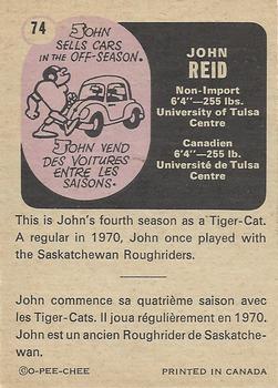 1971 O-Pee-Chee CFL #74 John Reid Back