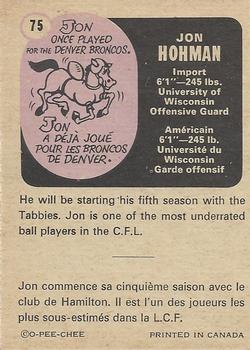 1971 O-Pee-Chee CFL #75 Jon Hohman Back
