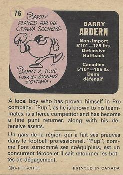 1971 O-Pee-Chee CFL #76 Barry Ardern Back