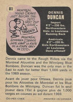 1971 O-Pee-Chee CFL #81 Dennis Duncan Back